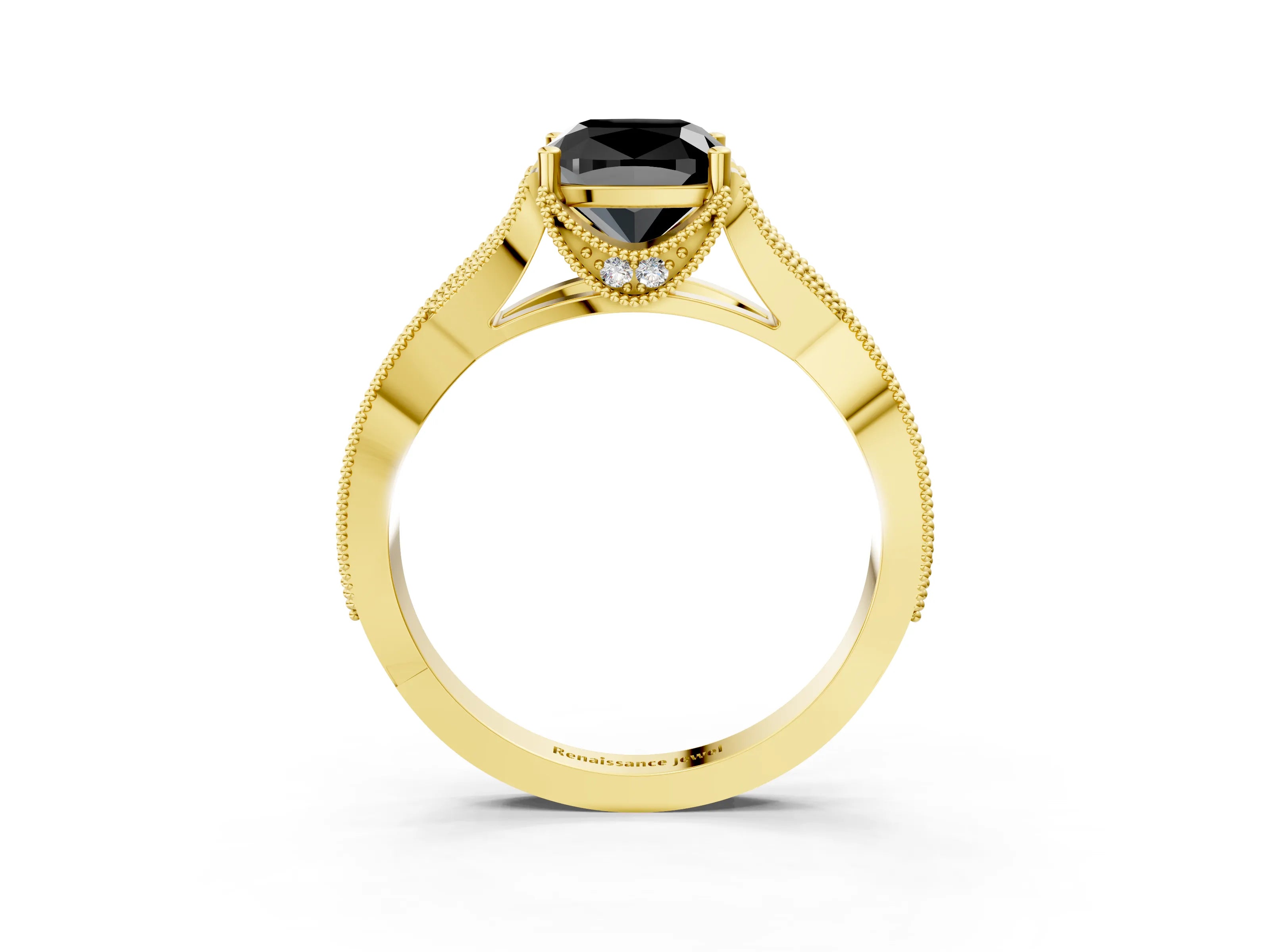 Yellow gold Fancy Black Cushion Cut Cut Diamond Twisted Band with Milgrain Pave Setting and Four-Prong Setting_3