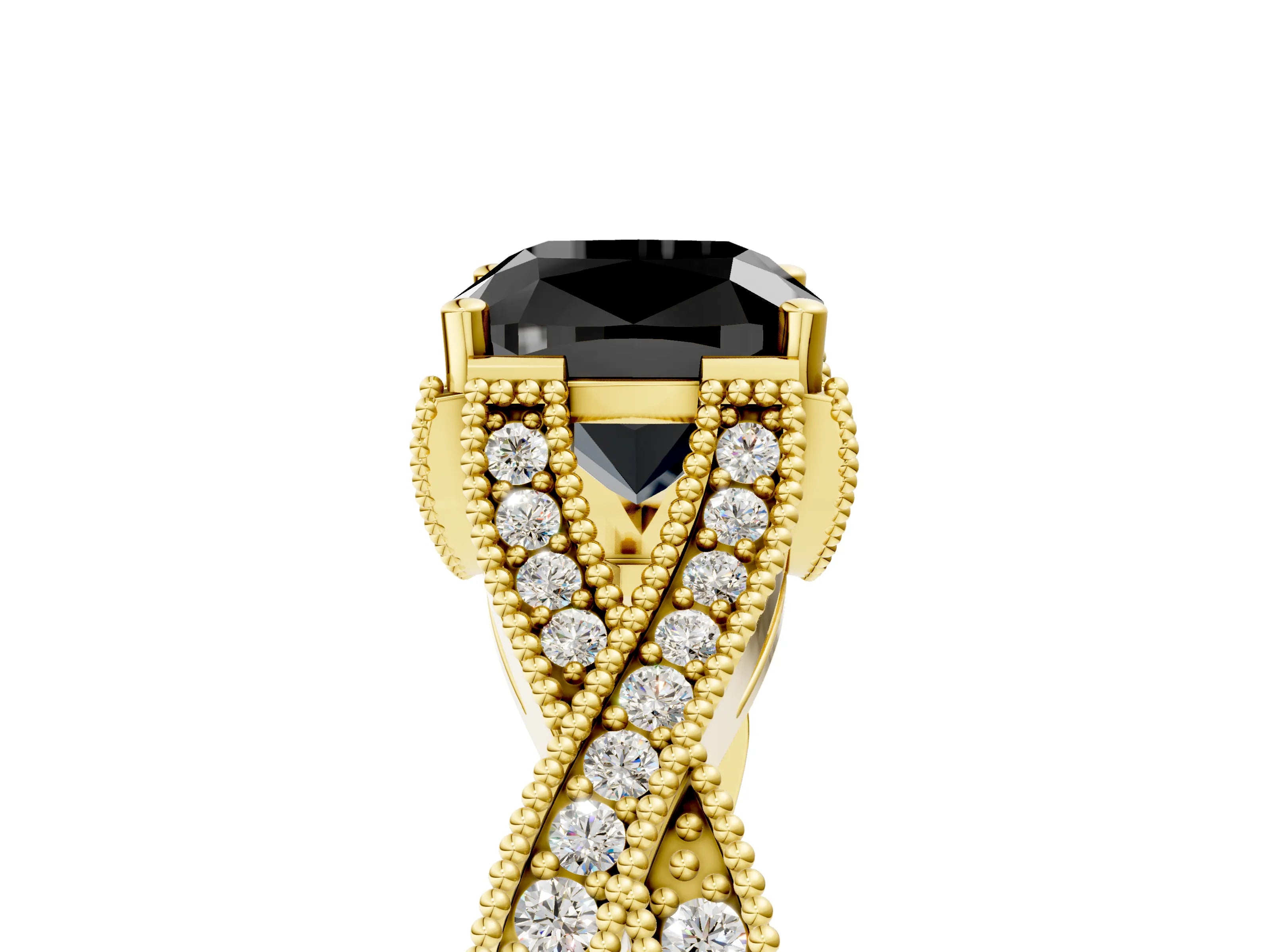 Yellow gold Fancy Black Cushion Cut Cut Diamond Twisted Band with Milgrain Pave Setting and Four-Prong Setting_5