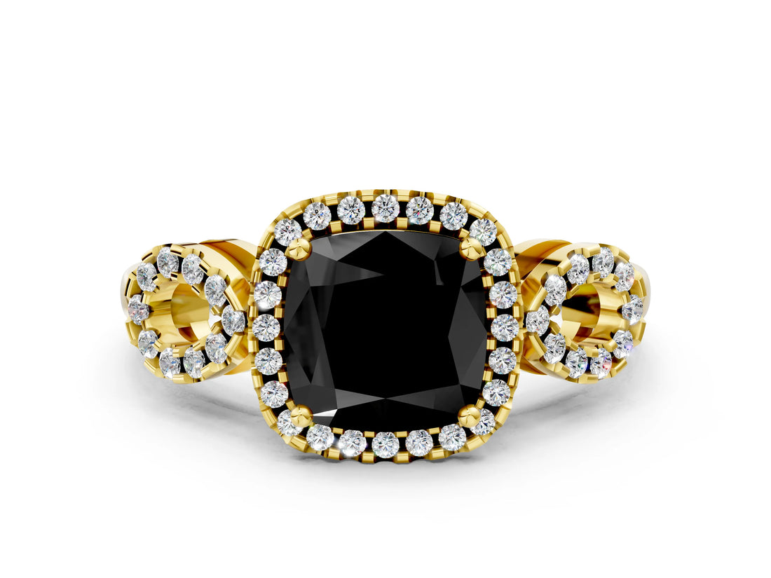 Yellow gold Fancy Black Cushion Cut Cut Halo Diamond Infinity Band with Four-Prong Setting