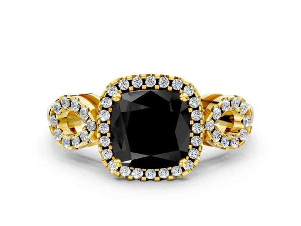 Yellow Gold Cushion Cut Pave Infinity Halo Engagement Ring Setting for Black Center