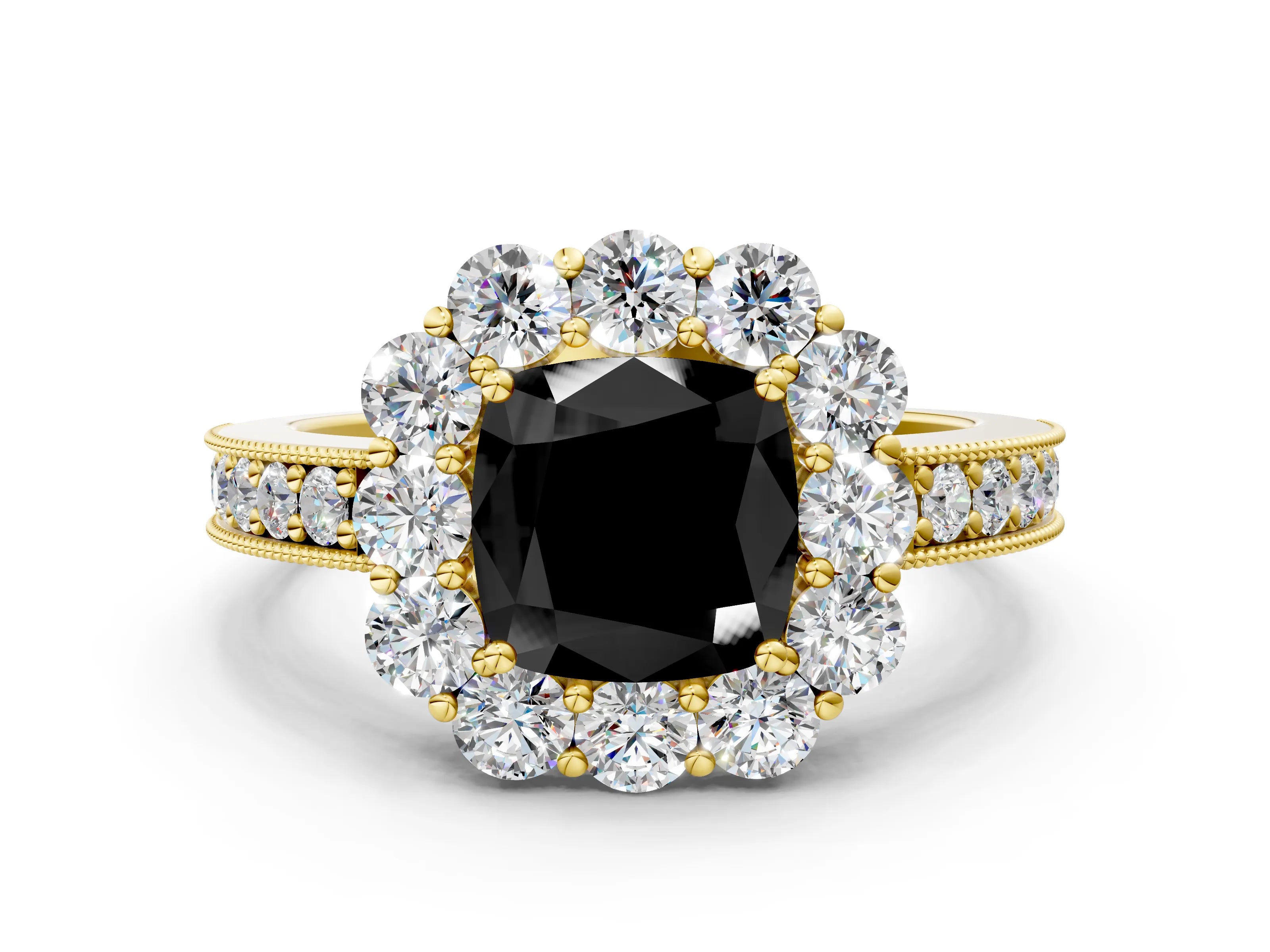 Yellow gold Fancy Black Cushion Cut Cut Halo Diamond Pavé Engagement Ring with Milgrain Detailing