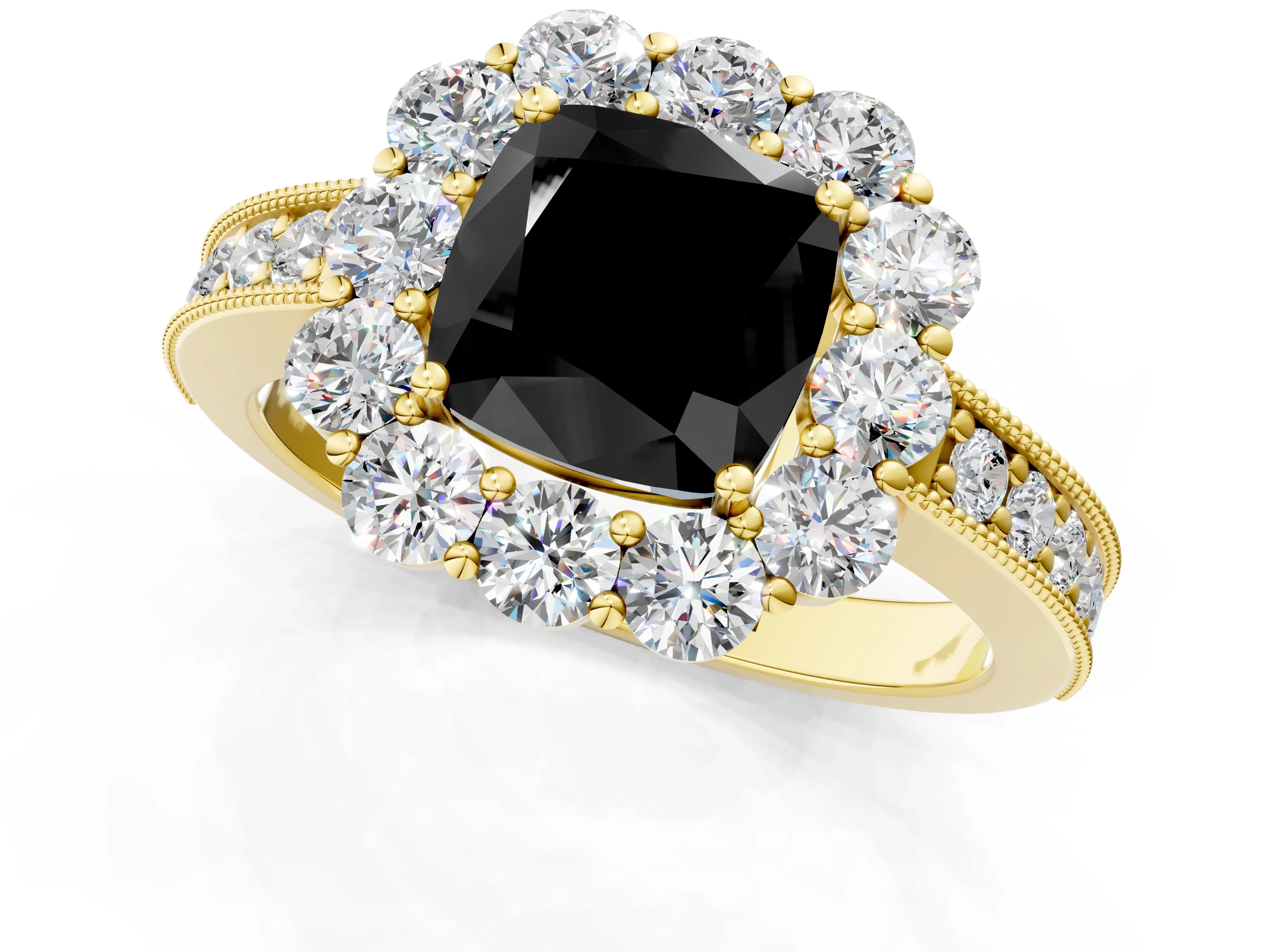 Yellow gold Fancy Black Cushion Cut Cut Halo Diamond Pavé Engagement Ring with Milgrain Detailing_1