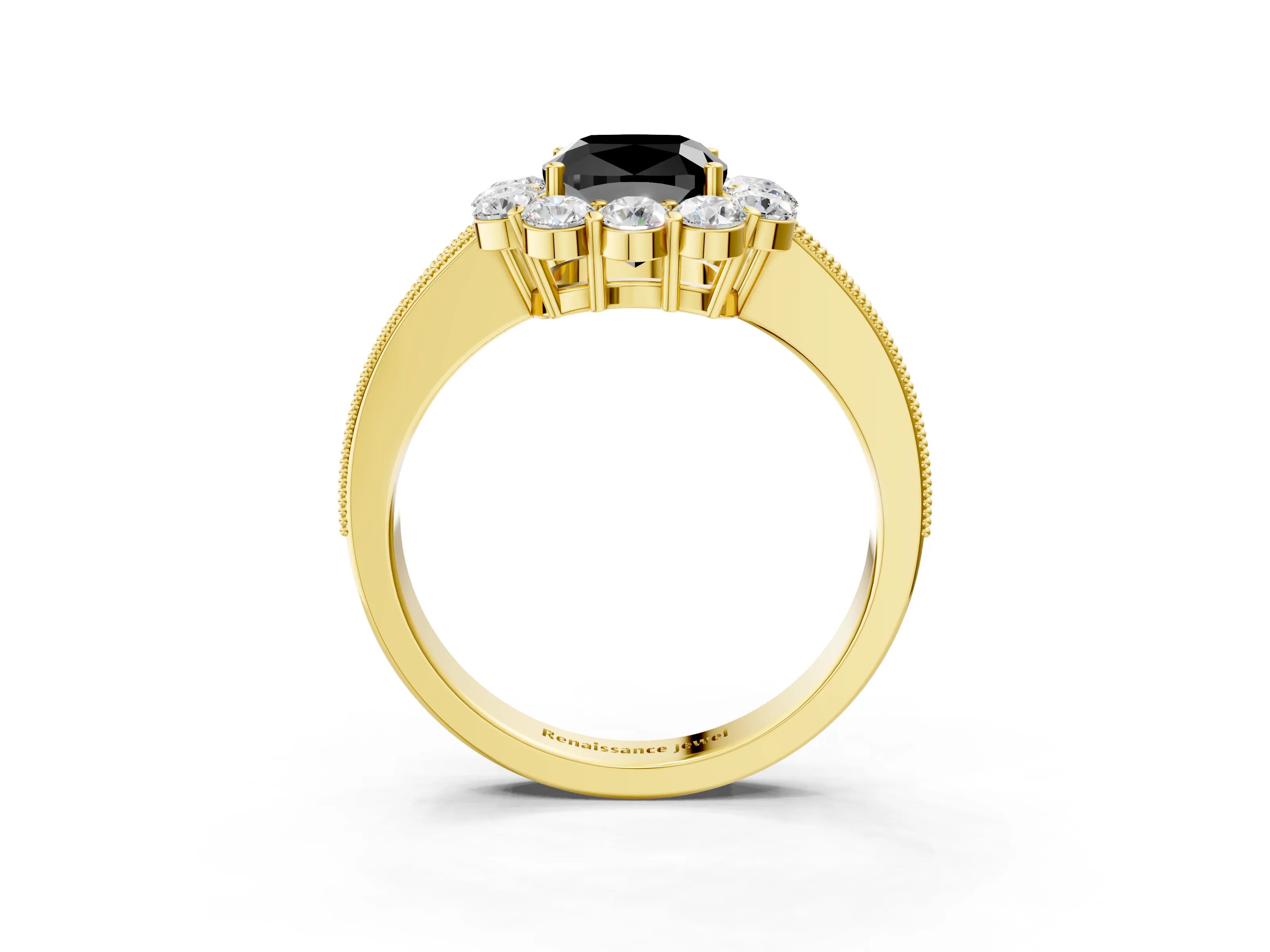Yellow gold Fancy Black Cushion Cut Cut Halo Diamond Pavé Engagement Ring with Milgrain Detailing_3