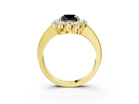 Yellow gold Fancy Black Cushion Cut Cut Halo Diamond Pavé Engagement Ring with Milgrain Detailing_3