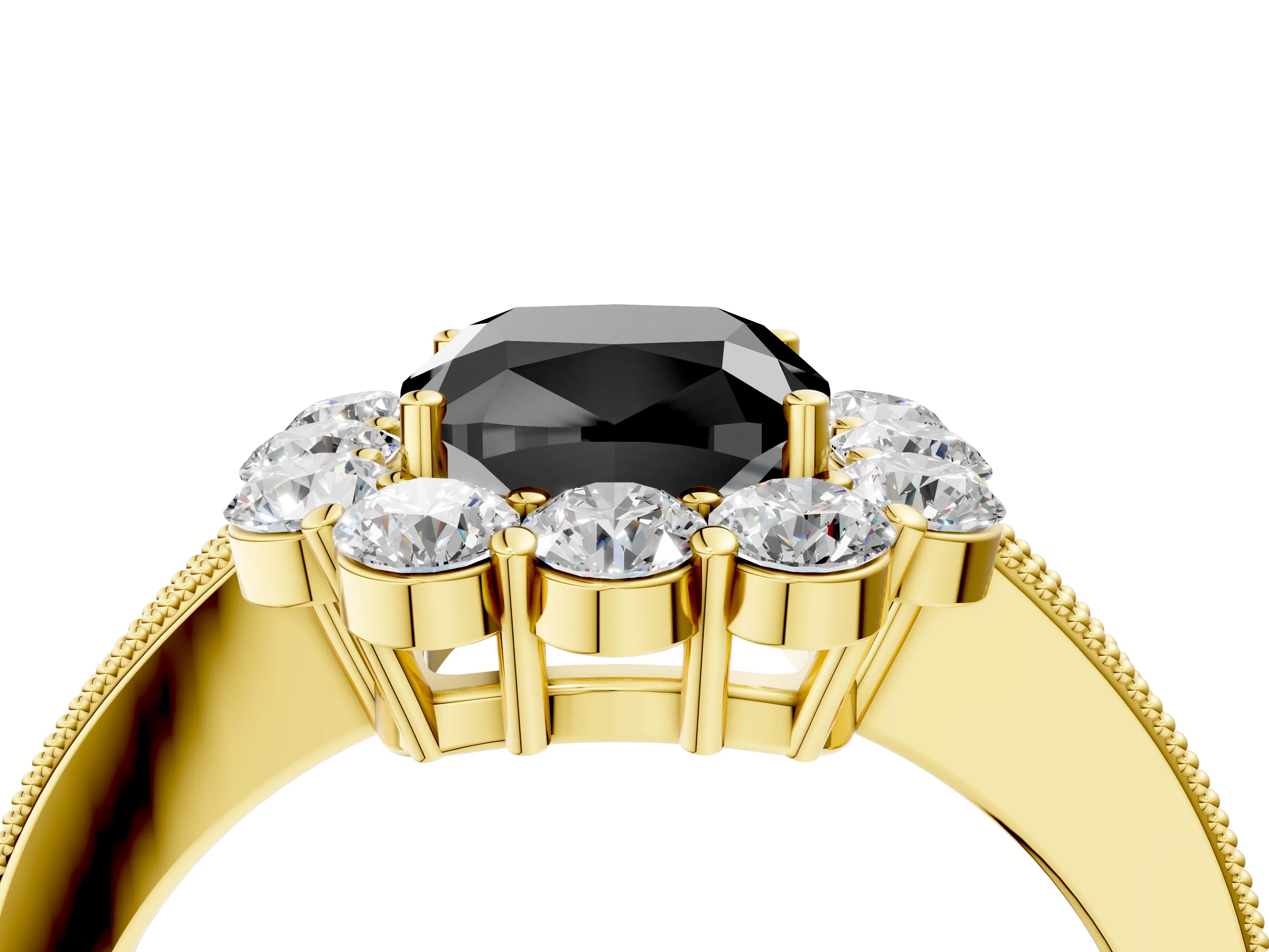 Yellow gold Fancy Black Cushion Cut Cut Halo Diamond Pavé Engagement Ring with Milgrain Detailing_4