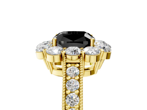 Yellow gold Fancy Black Cushion Cut Cut Halo Diamond Pavé Engagement Ring with Milgrain Detailing_5