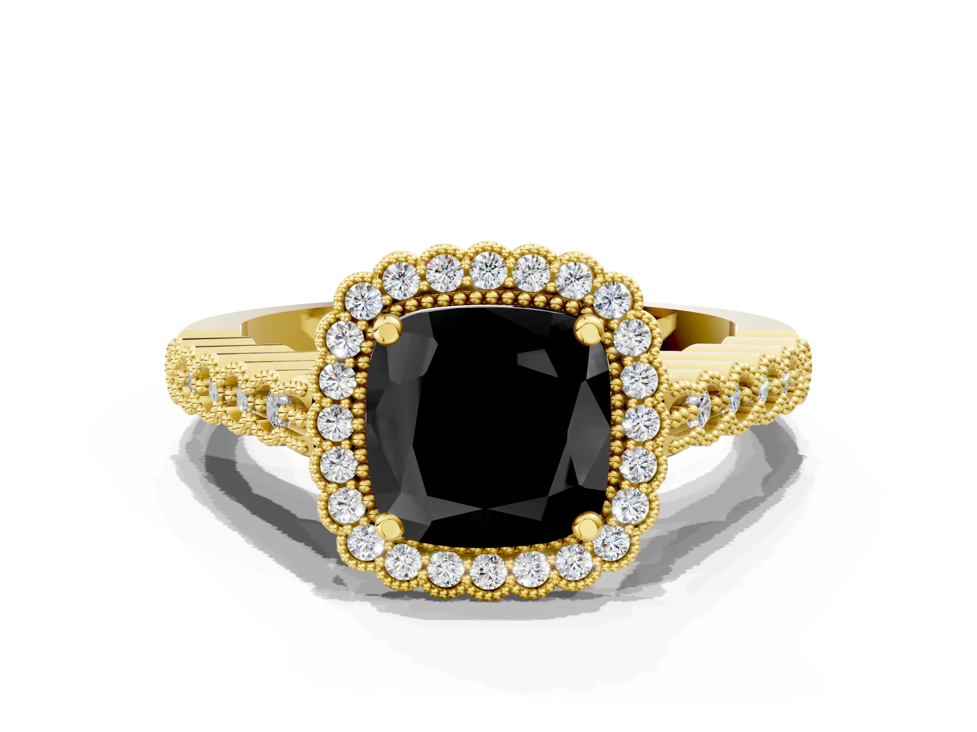 Yellow gold Fancy Black Cushion Cut Cut Halo Pavé Solitaire Ring with Milgrain Band