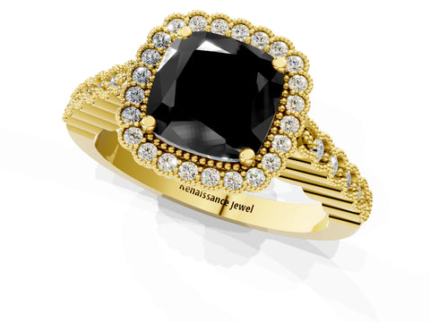 Yellow gold Fancy Black Cushion Cut Cut Halo Pavé Solitaire Ring with Milgrain Band_1