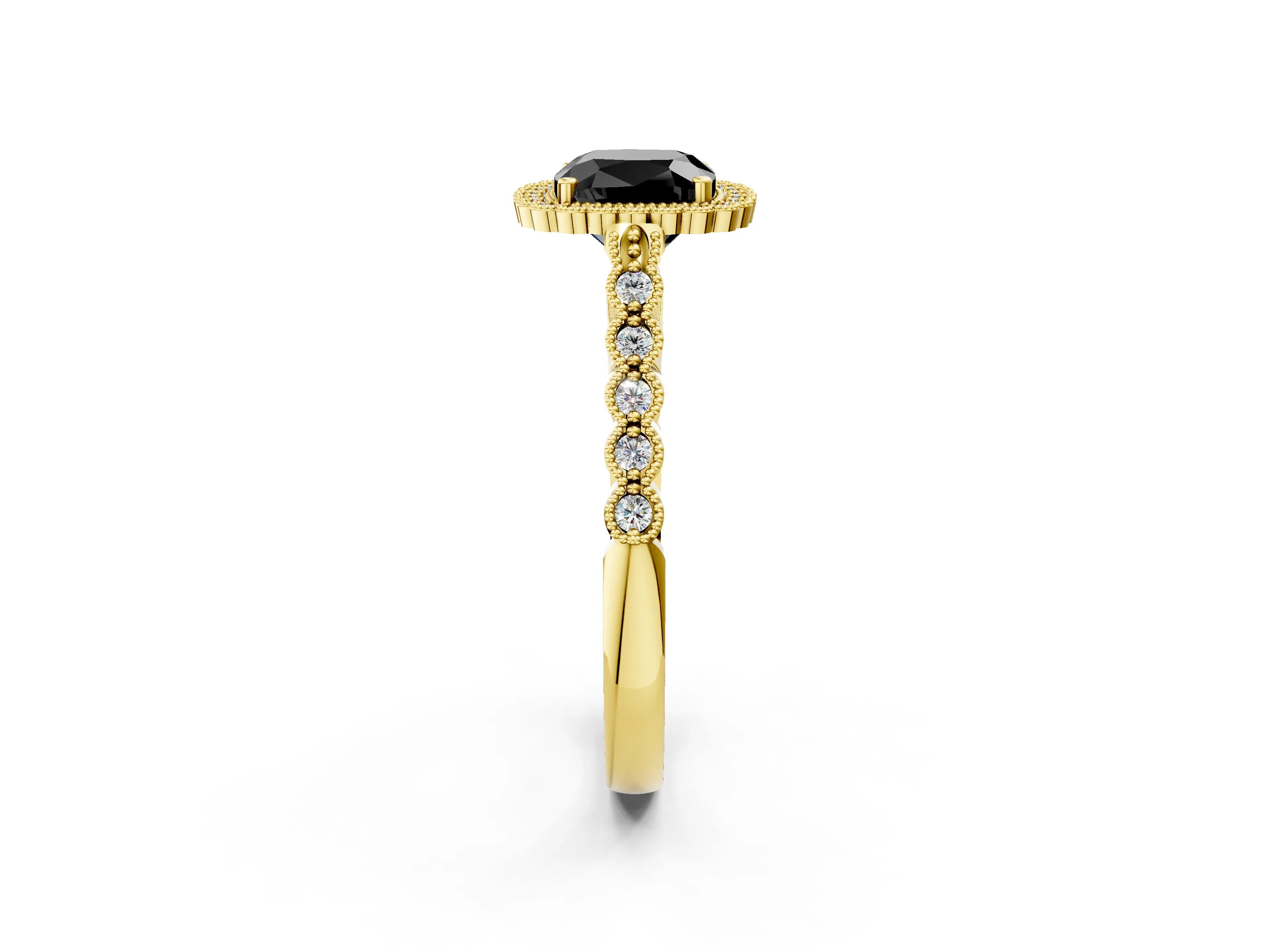 Yellow gold Fancy Black Cushion Cut Cut Halo Pavé Solitaire Ring with Milgrain Band_2