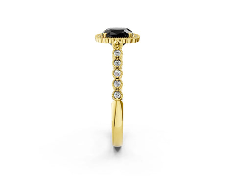 Yellow gold Fancy Black Cushion Cut Cut Halo Pavé Solitaire Ring with Milgrain Band_2