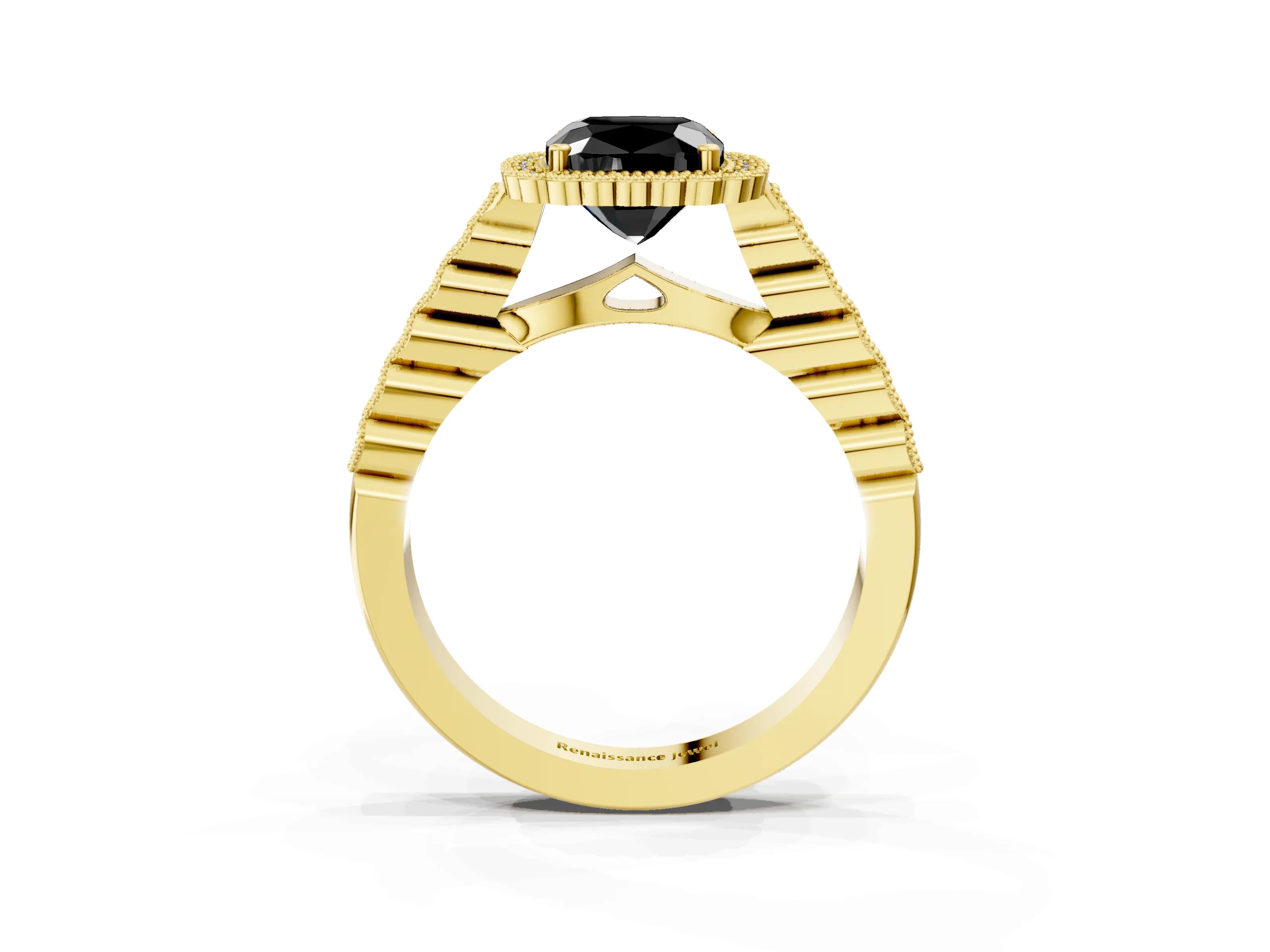 Yellow gold Fancy Black Cushion Cut Cut Halo Pavé Solitaire Ring with Milgrain Band_3