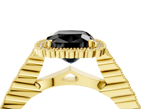 Yellow gold Fancy Black Cushion Cut Cut Halo Pavé Solitaire Ring with Milgrain Band_4