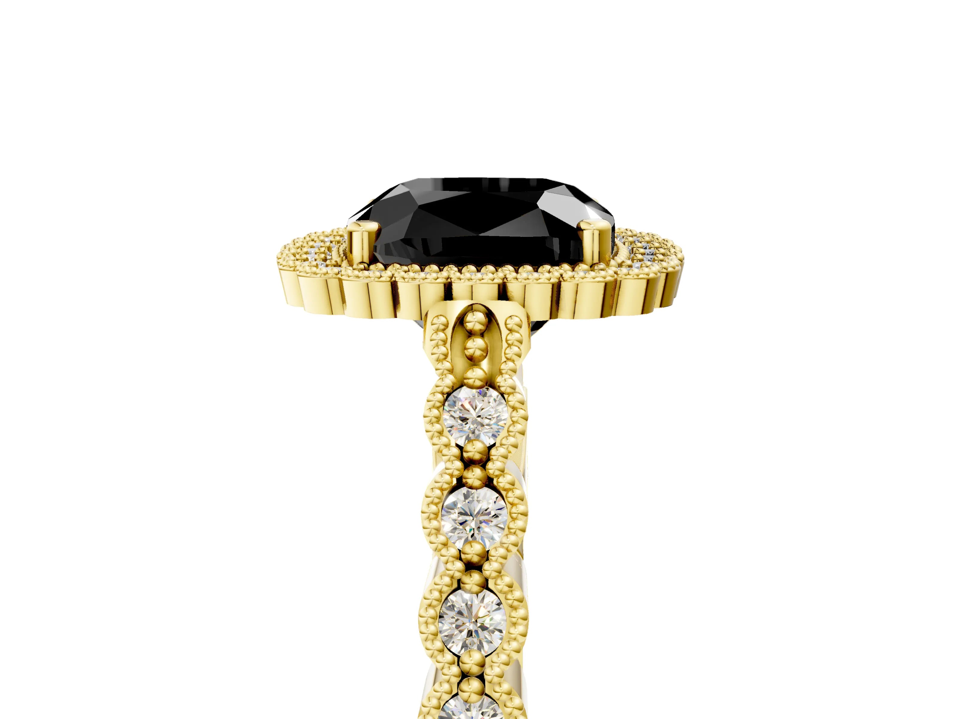 Yellow gold Fancy Black Cushion Cut Cut Halo Pavé Solitaire Ring with Milgrain Band_5