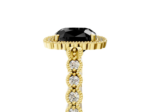 Yellow gold Fancy Black Cushion Cut Cut Halo Pavé Solitaire Ring with Milgrain Band_5