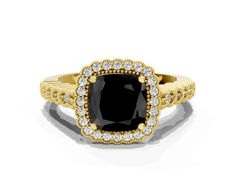 Yellow gold Fancy Black Cushion Cut Cut Halo Pavé Solitaire Ring with Milgrain Band
