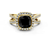 Yellow gold Fancy Black Cushion Cut Cut Halo Split Shank Pave Set Ring