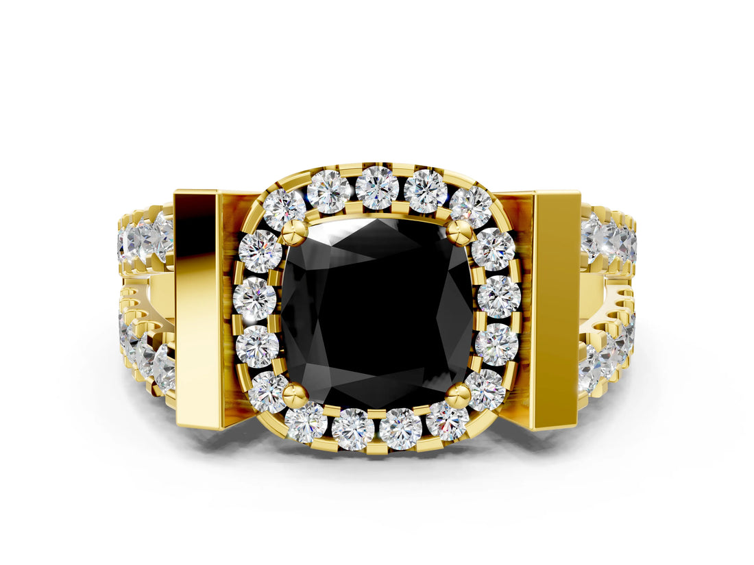 Yellow gold Fancy Black Cushion Cut Cut Halo Split Shank Prong Set Ring