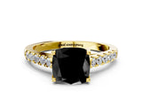 Yellow gold Fancy Black Cushion Cut Cut Pavé Band Solitaire Ring with Four-Prong Setting