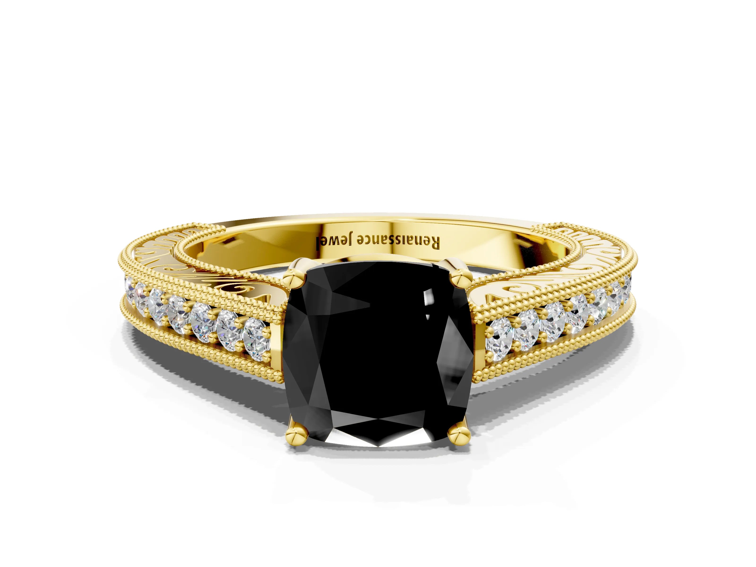 Yellow gold Fancy Black Cushion Cut Cut Pave Band Milgrain Solitaire Ring
