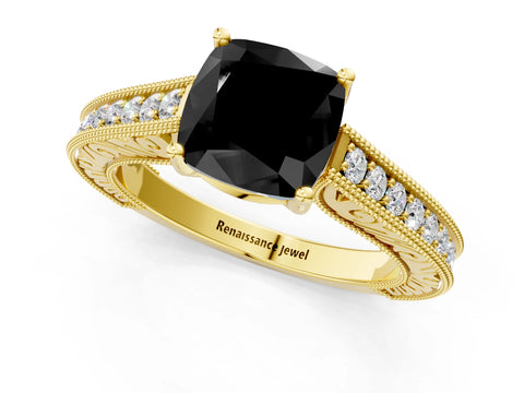 Yellow gold Fancy Black Cushion Cut Cut Pave Band Milgrain Solitaire Ring_1