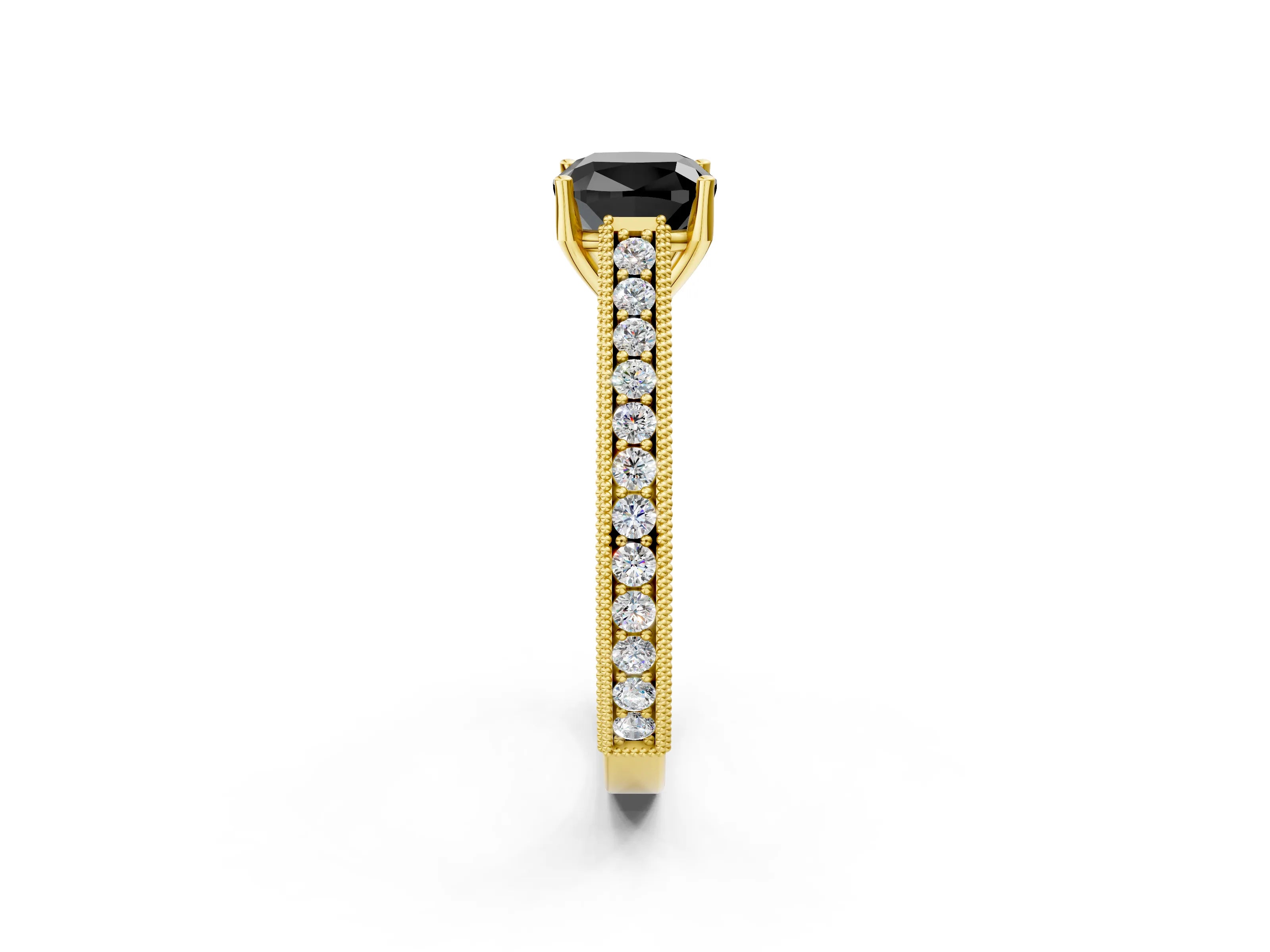 Yellow gold Fancy Black Cushion Cut Cut Pave Band Milgrain Solitaire Ring_2