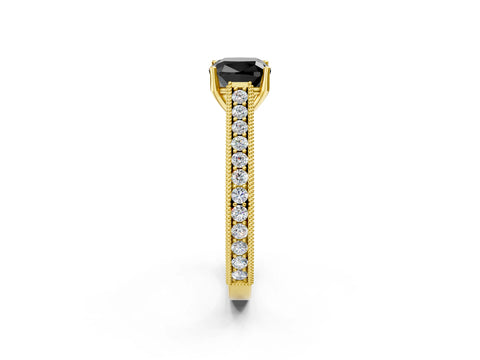 Yellow gold Fancy Black Cushion Cut Cut Pave Band Milgrain Solitaire Ring_2