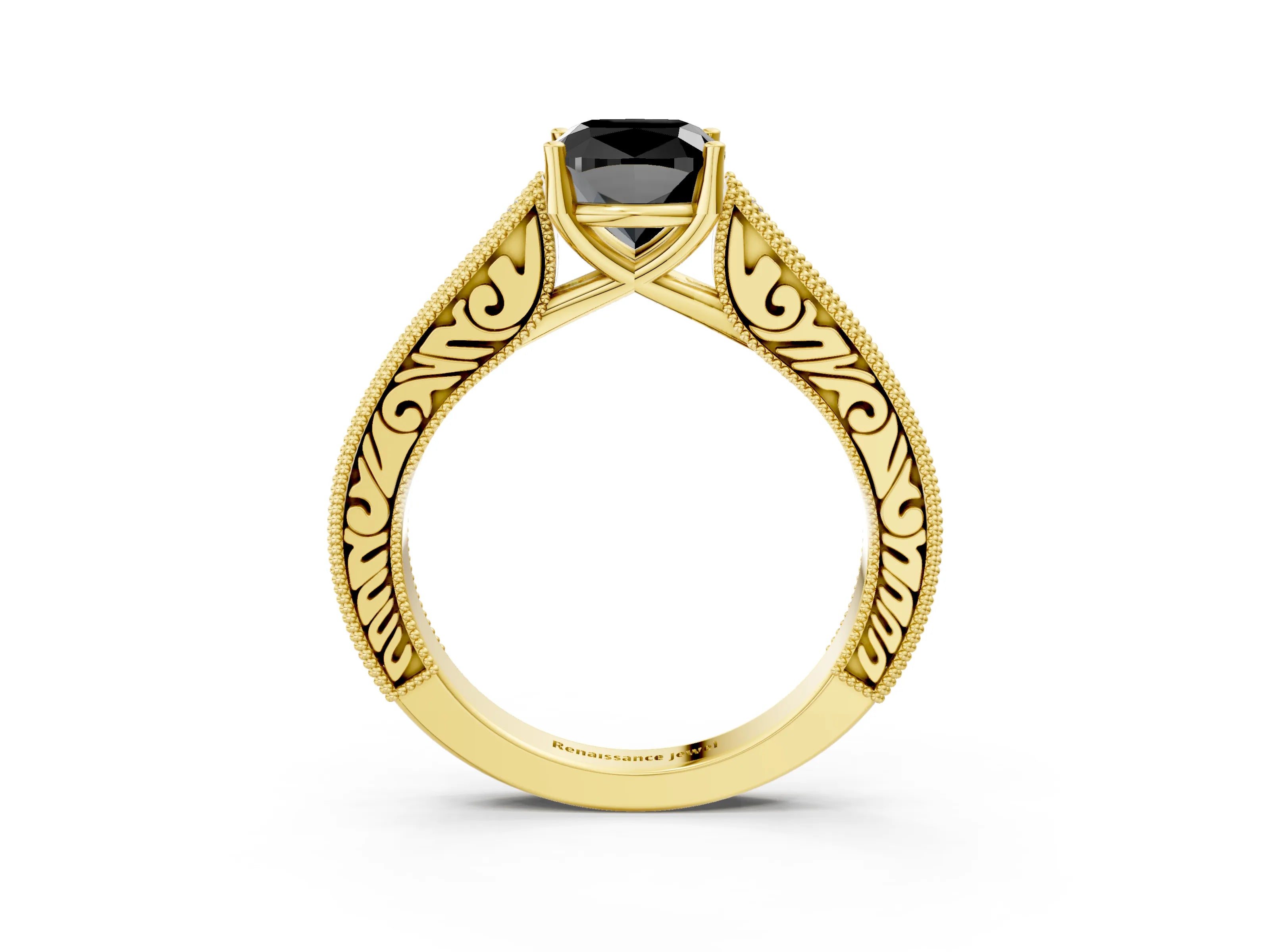 Yellow gold Fancy Black Cushion Cut Cut Pave Band Milgrain Solitaire Ring_3