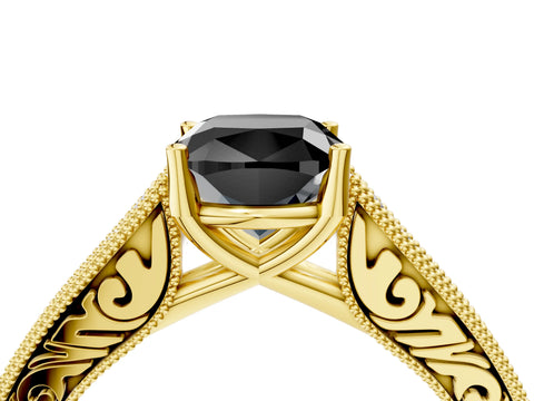 Yellow gold Fancy Black Cushion Cut Cut Pave Band Milgrain Solitaire Ring_4