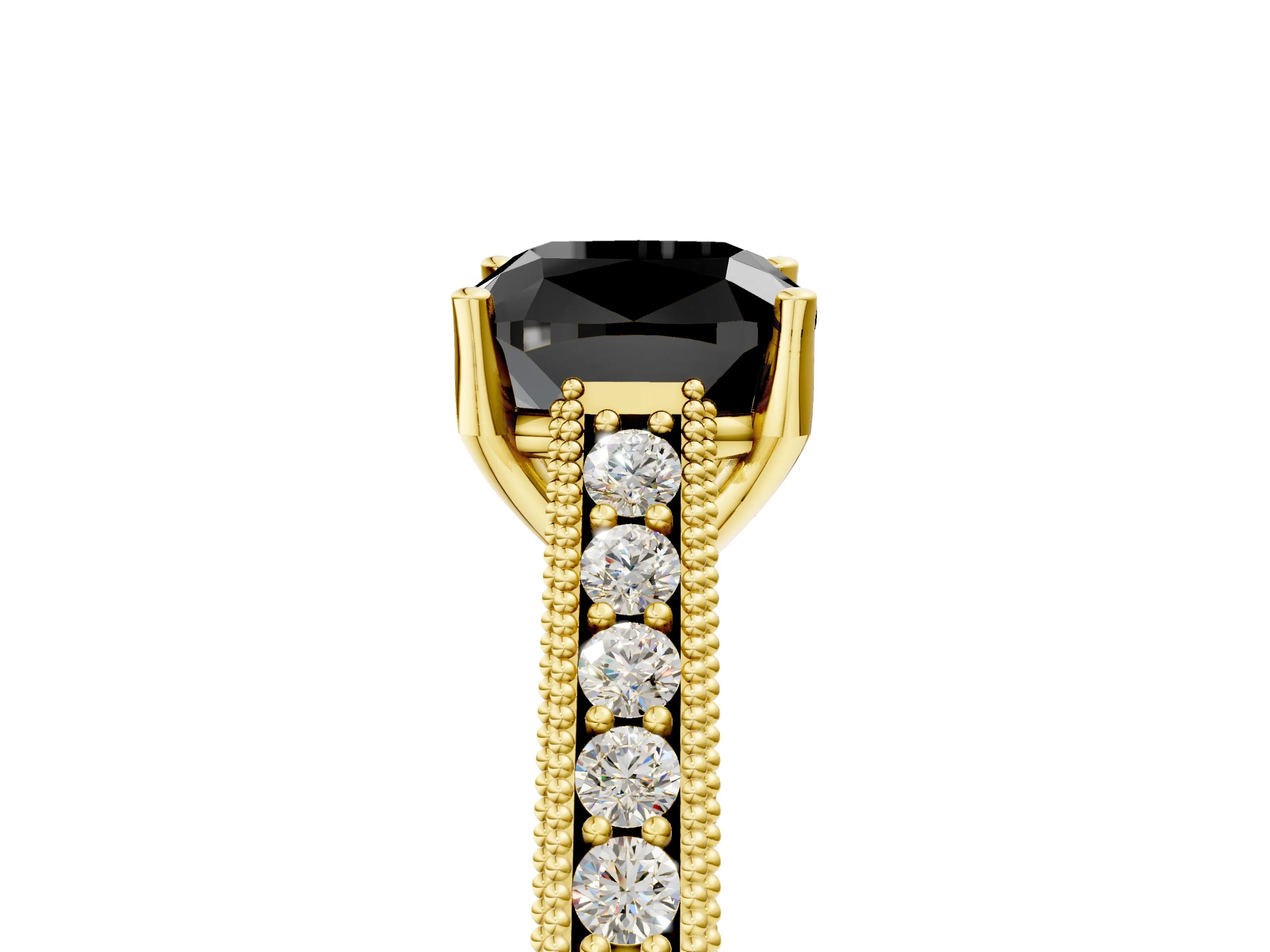 Yellow gold Fancy Black Cushion Cut Cut Pave Band Milgrain Solitaire Ring_5