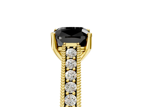 Yellow gold Fancy Black Cushion Cut Cut Pave Band Milgrain Solitaire Ring_5