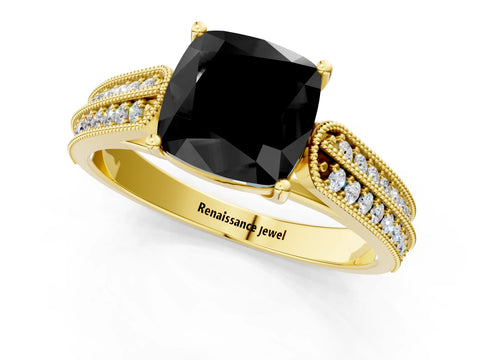Yellow gold Fancy Black Cushion Cut Cut Pave Split Shank Engagement Ring with Four-Prong Setting_1