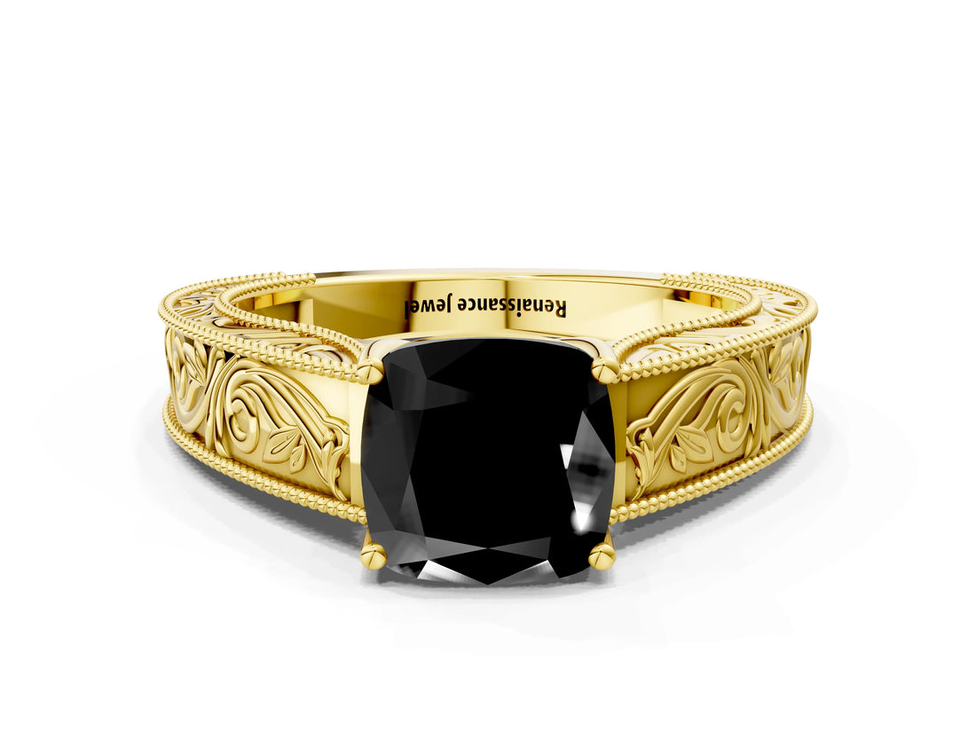 Yellow gold Fancy Black Cushion Cut Cut Solitaire Engraved Band with Four-Prong Setting