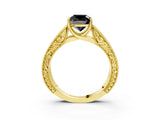 Yellow gold Fancy Black Cushion Cut Cut Solitaire Engraved Band with Four-Prong Setting_3