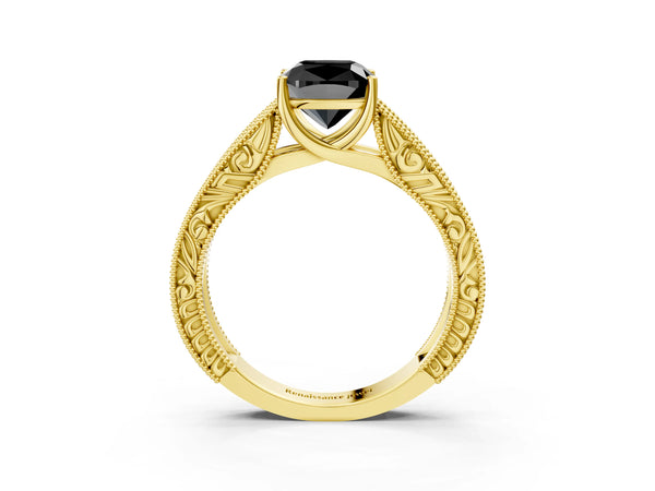 Yellow Gold Cushion Cut Vintage Engraved Solitaire Engagement Ring Setting for Black Center
