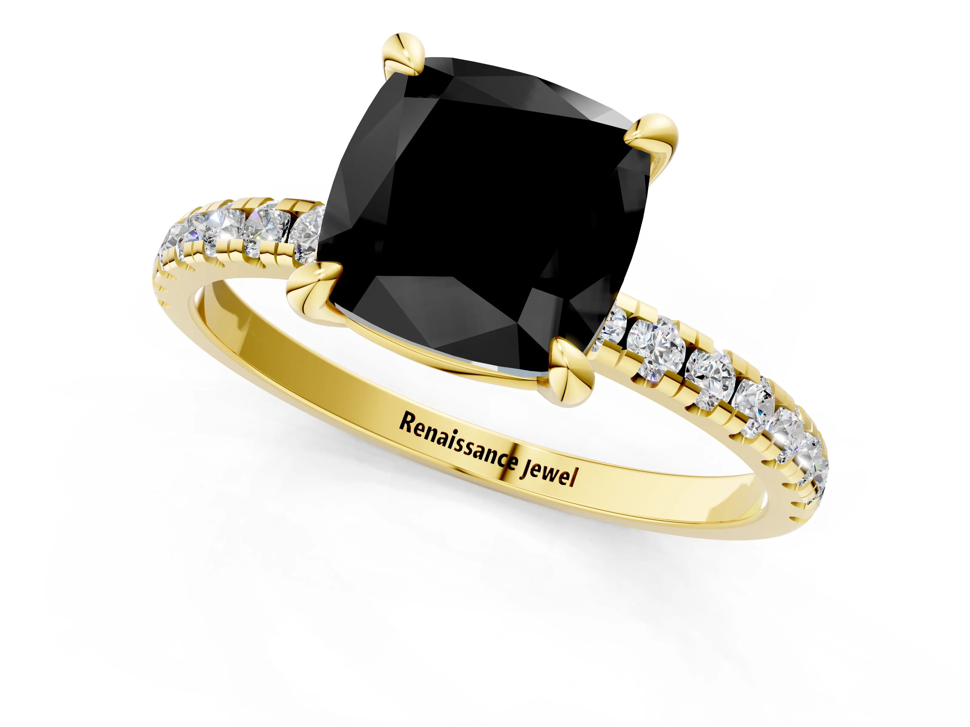Yellow gold Fancy Black Cushion Cut Diamond Brilliant Solitaire Ring with Pavé Band and Four-Prong Setting_1