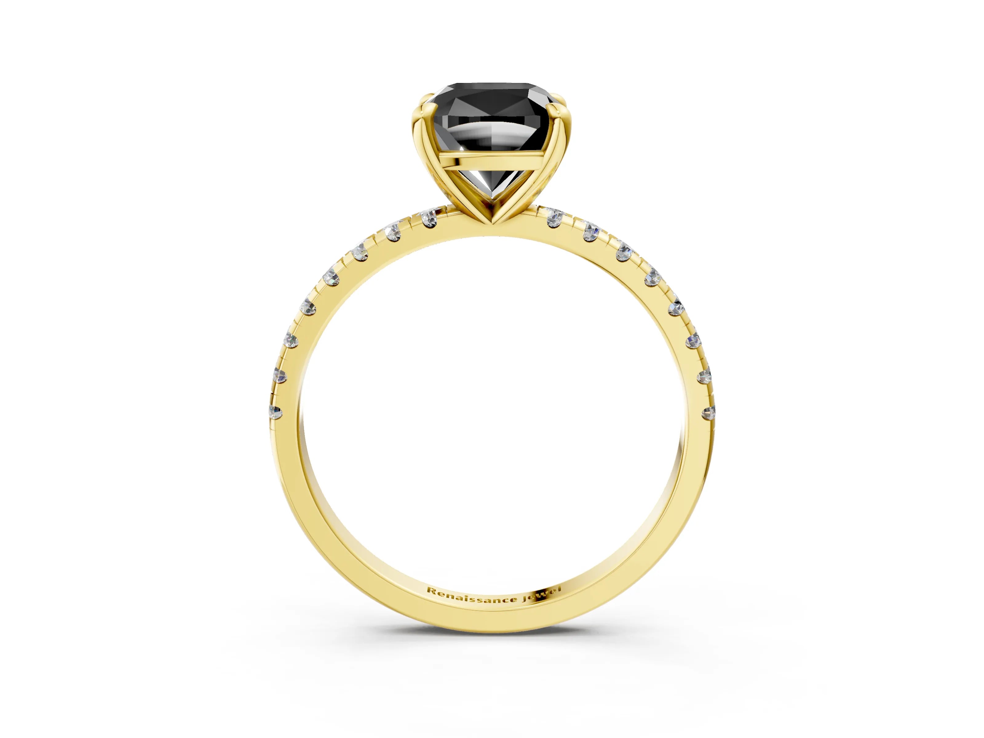 Yellow gold Fancy Black Cushion Cut Diamond Brilliant Solitaire Ring with Pavé Band and Four-Prong Setting_3
