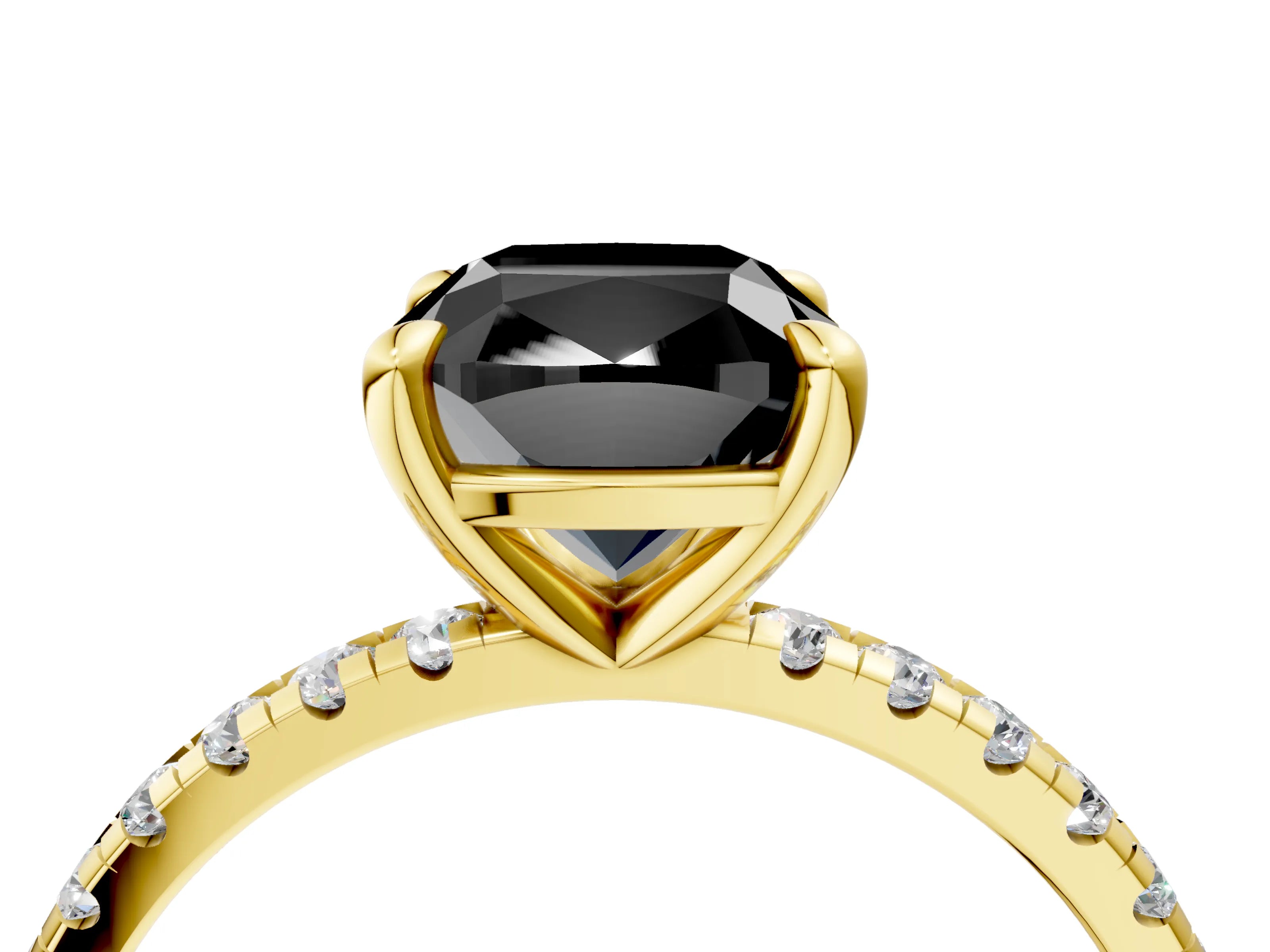 Yellow gold Fancy Black Cushion Cut Diamond Brilliant Solitaire Ring with Pavé Band and Four-Prong Setting_4