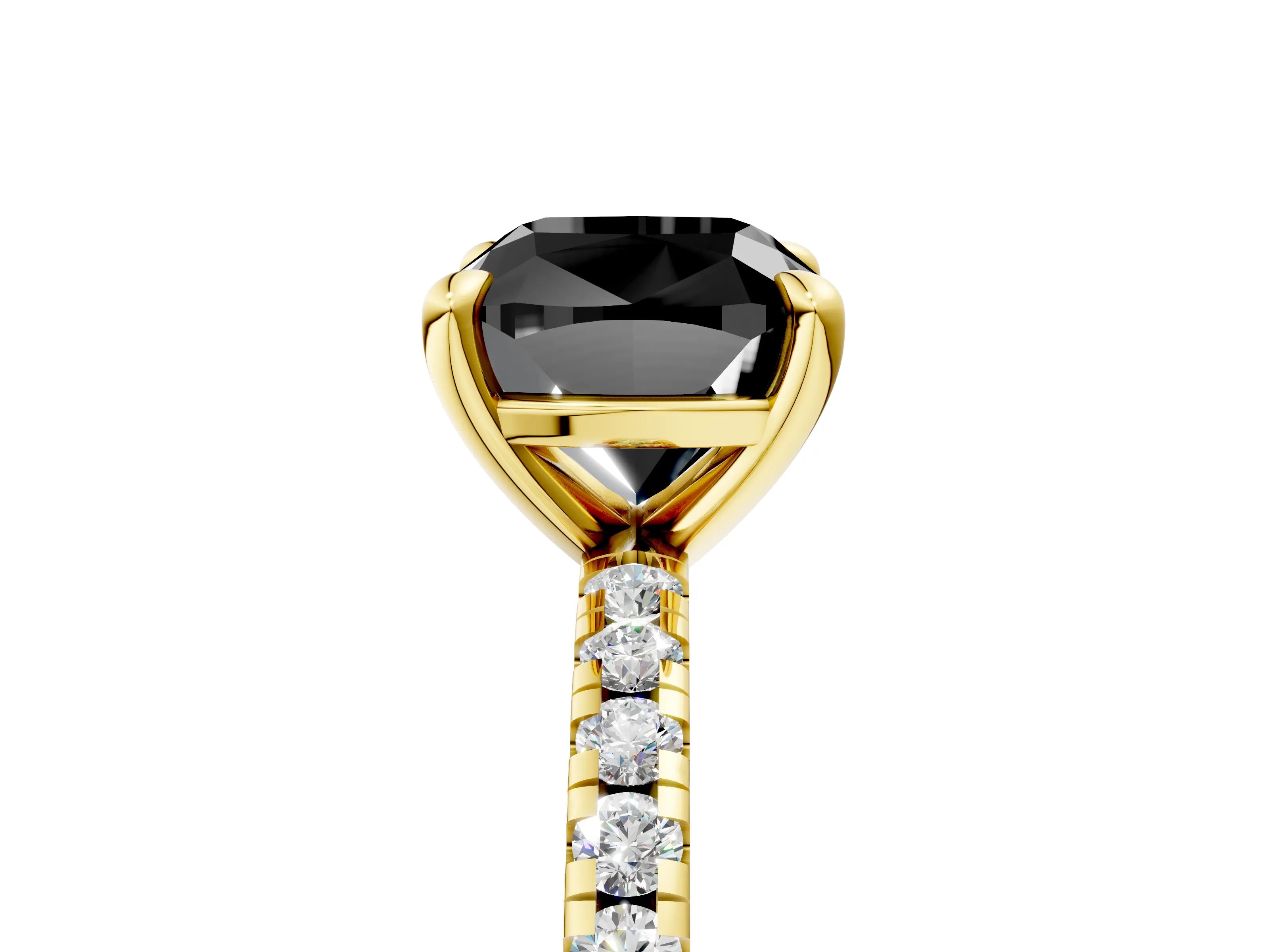 Yellow gold Fancy Black Cushion Cut Diamond Brilliant Solitaire Ring with Pavé Band and Four-Prong Setting_5