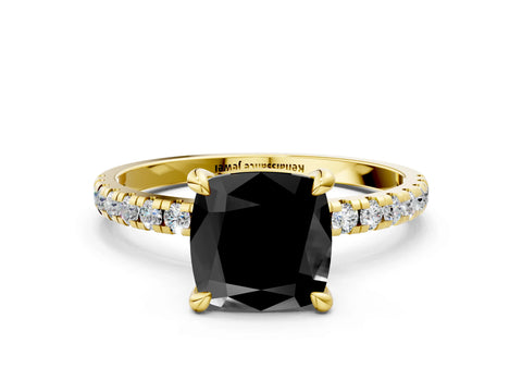 Yellow gold Fancy Black Cushion Cut Diamond Brilliant Solitaire Ring with Pavé Band and Four-Prong Setting