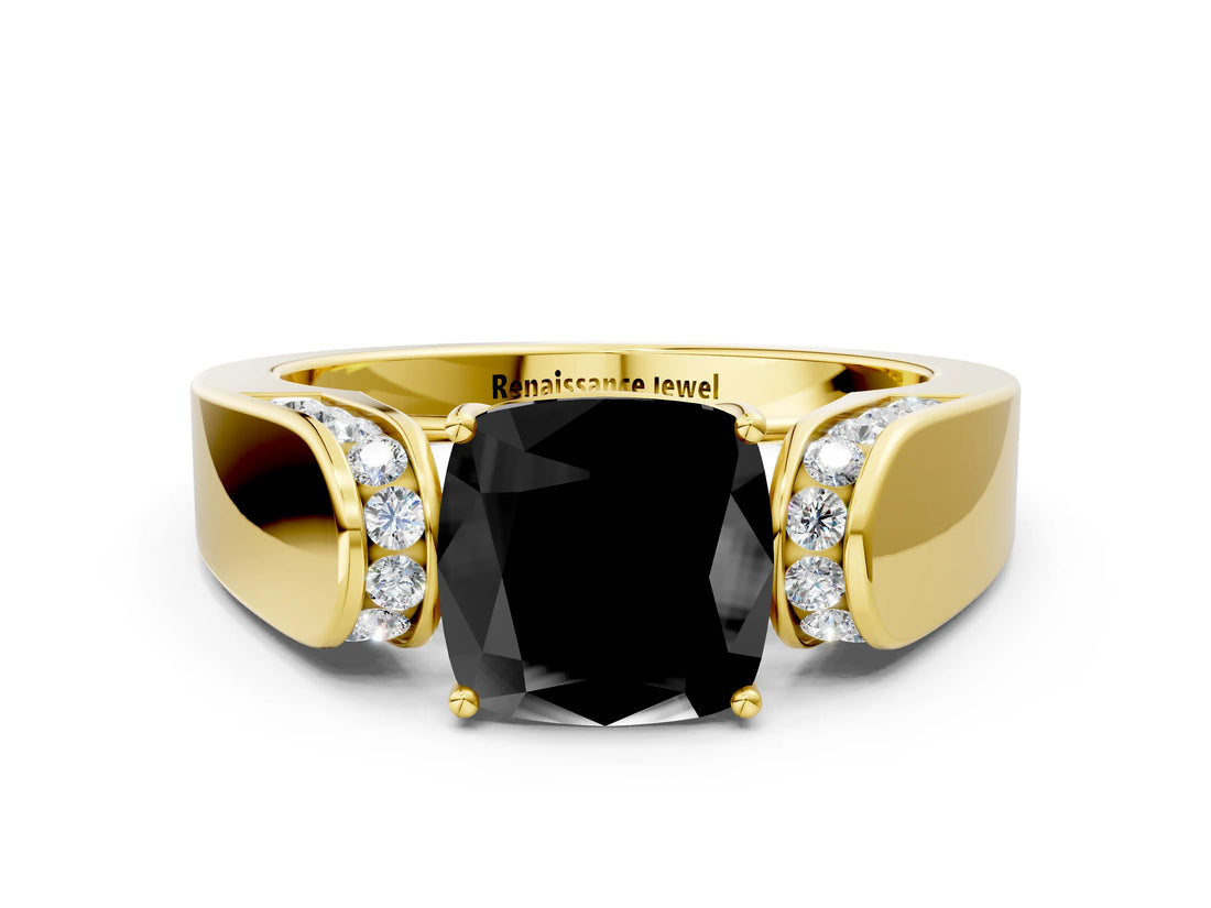 Yellow gold Fancy Black Cushion Cut Diamond Channel Set Solitaire Ring with Four-Prong Setting_12