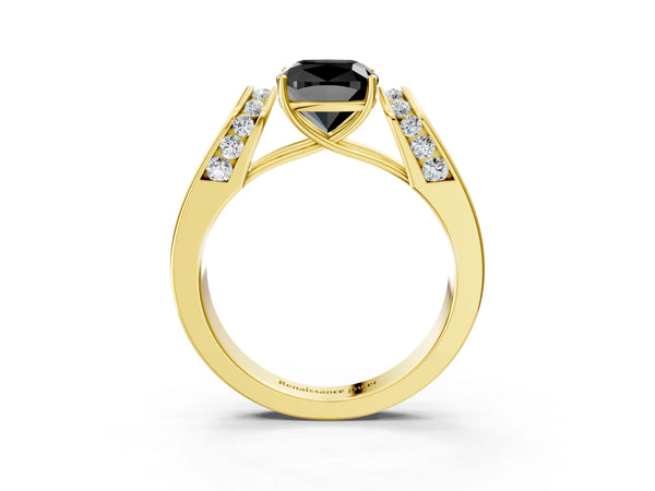 Yellow Gold Cushion Cut Channel Set Engagement Ring Setting for Black Center with Wide Band