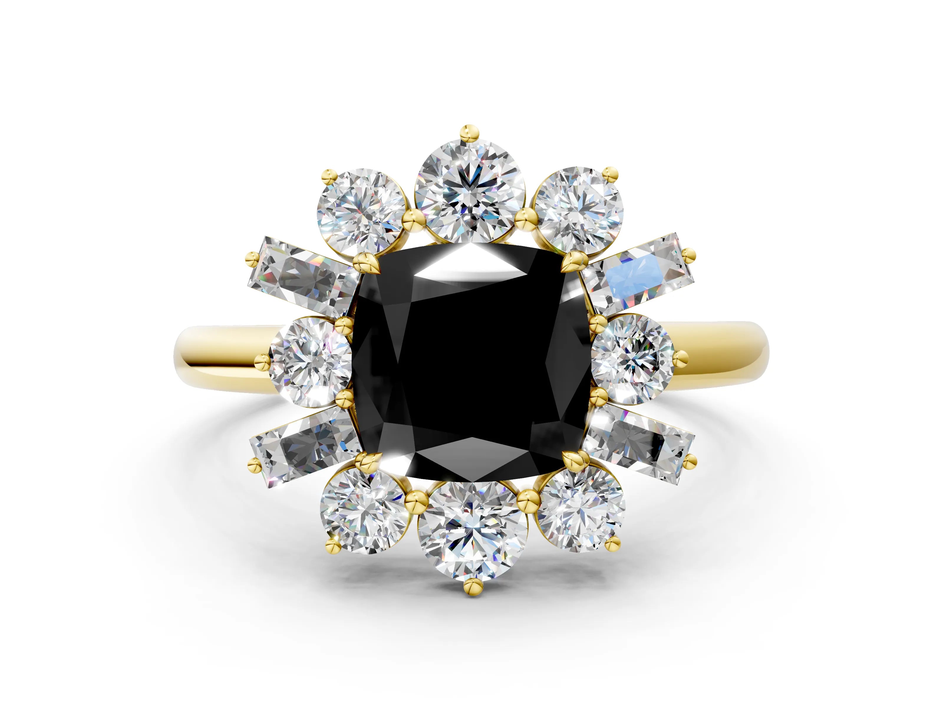 Yellow gold Fancy Black Cushion Cut Diamond Cluster Ring with Round and Baguette Stones, Split Shank Band, Prong Setting