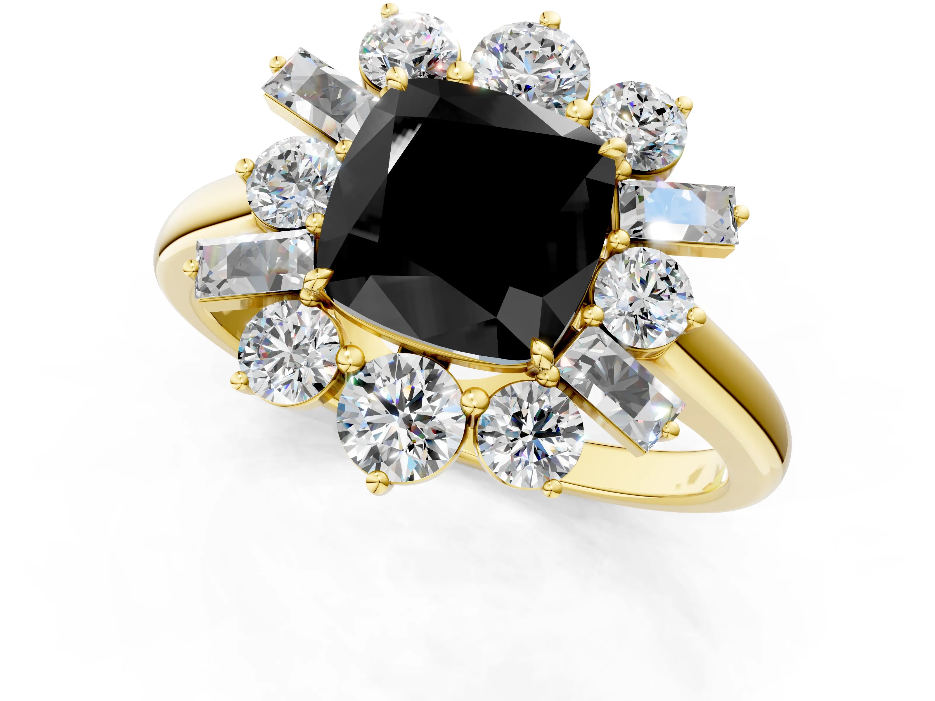 Yellow gold Fancy Black Cushion Cut Diamond Cluster Ring with Round and Baguette Stones, Split Shank Band, Prong Setting_1