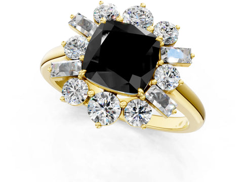 Yellow gold Fancy Black Cushion Cut Diamond Cluster Ring with Round and Baguette Stones, Split Shank Band, Prong Setting_1