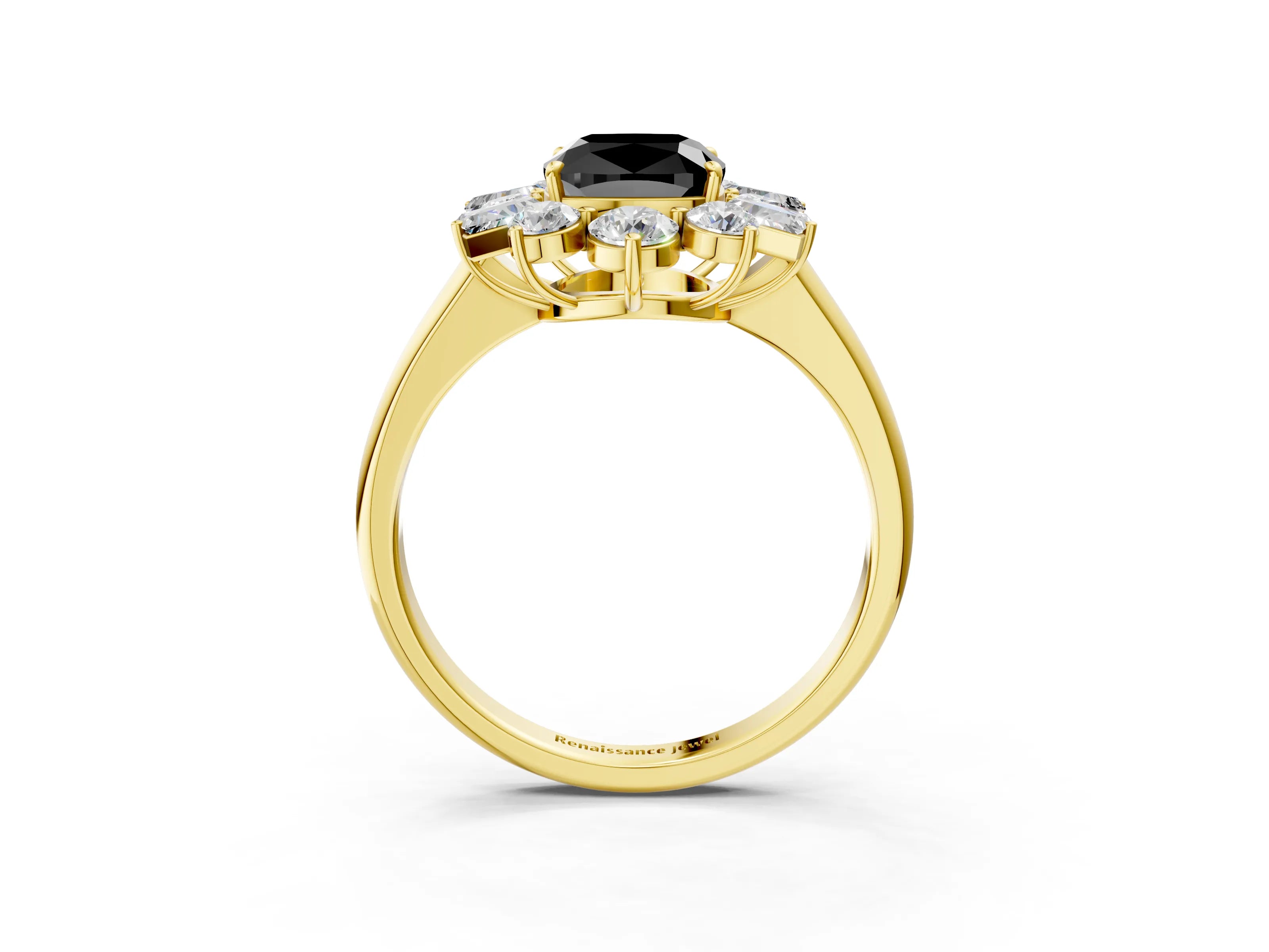 Yellow gold Fancy Black Cushion Cut Diamond Cluster Ring with Round and Baguette Stones, Split Shank Band, Prong Setting_3