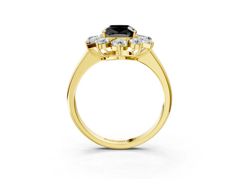 Yellow gold Fancy Black Cushion Cut Diamond Cluster Ring with Round and Baguette Stones, Split Shank Band, Prong Setting_3
