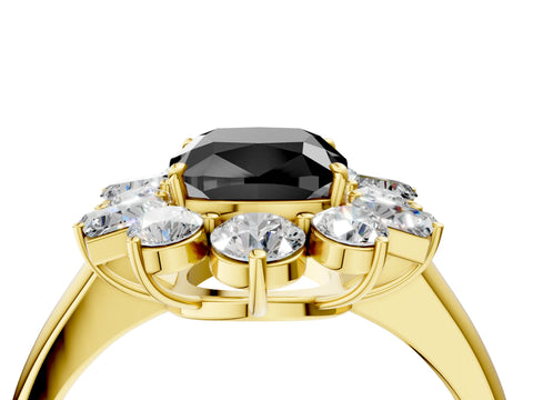 Yellow gold Fancy Black Cushion Cut Diamond Cluster Ring with Round and Baguette Stones, Split Shank Band, Prong Setting_4