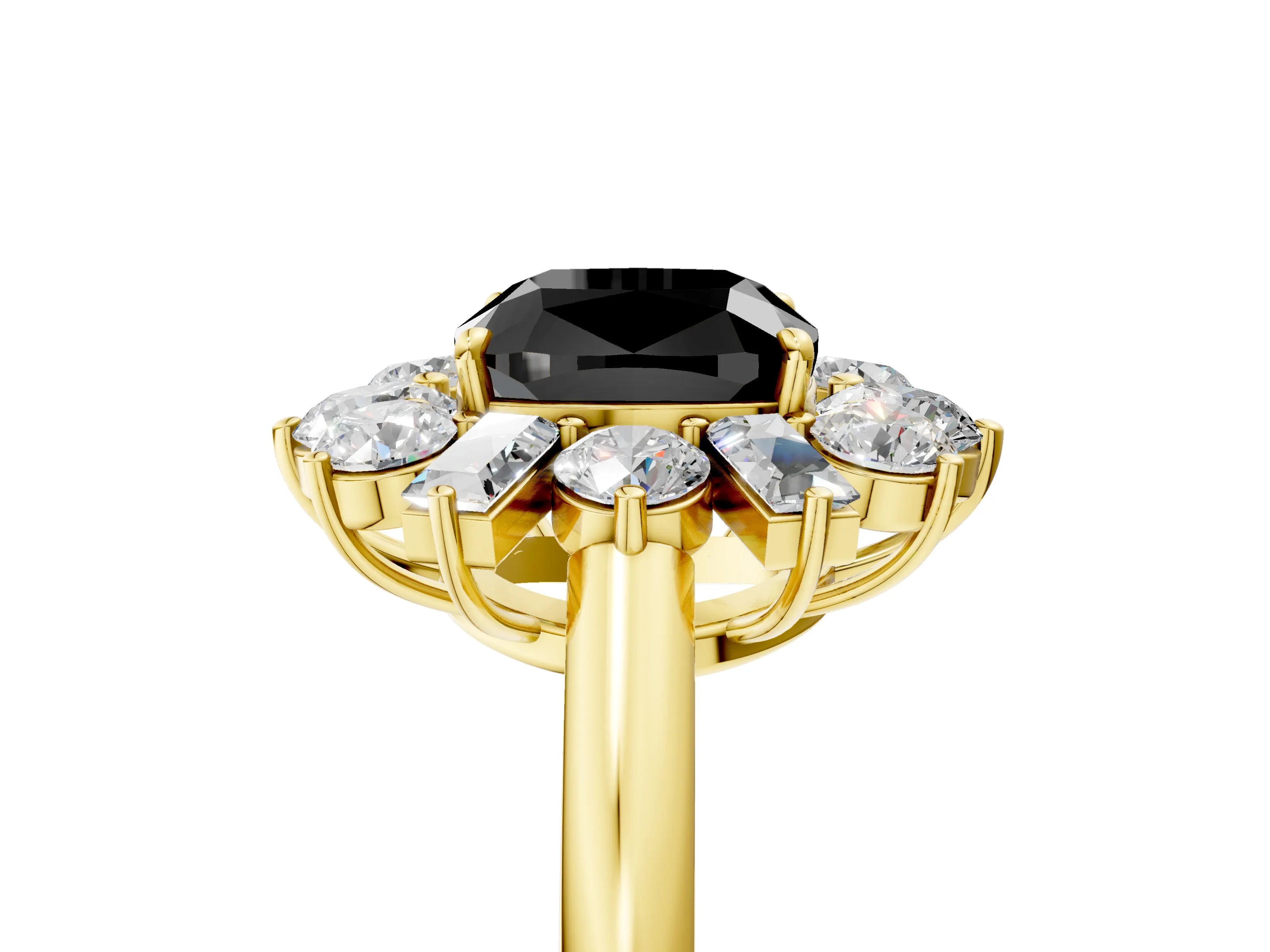 Yellow gold Fancy Black Cushion Cut Diamond Cluster Ring with Round and Baguette Stones, Split Shank Band, Prong Setting_5
