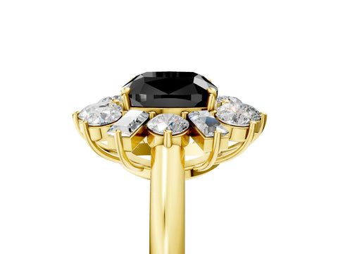 Yellow gold Fancy Black Cushion Cut Diamond Cluster Ring with Round and Baguette Stones, Split Shank Band, Prong Setting_5