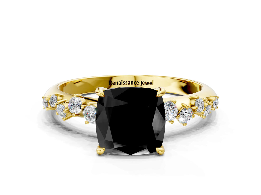 Yellow gold Fancy Black Cushion Cut Diamond Cluster Side Stone Solitaire Ring with Prong Setting_24